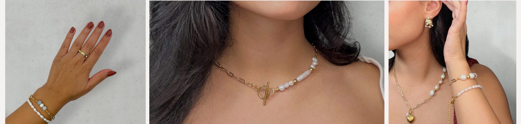 Model met parelketting en bijpassende armbanden, gold-tone. RVS goudkleurig