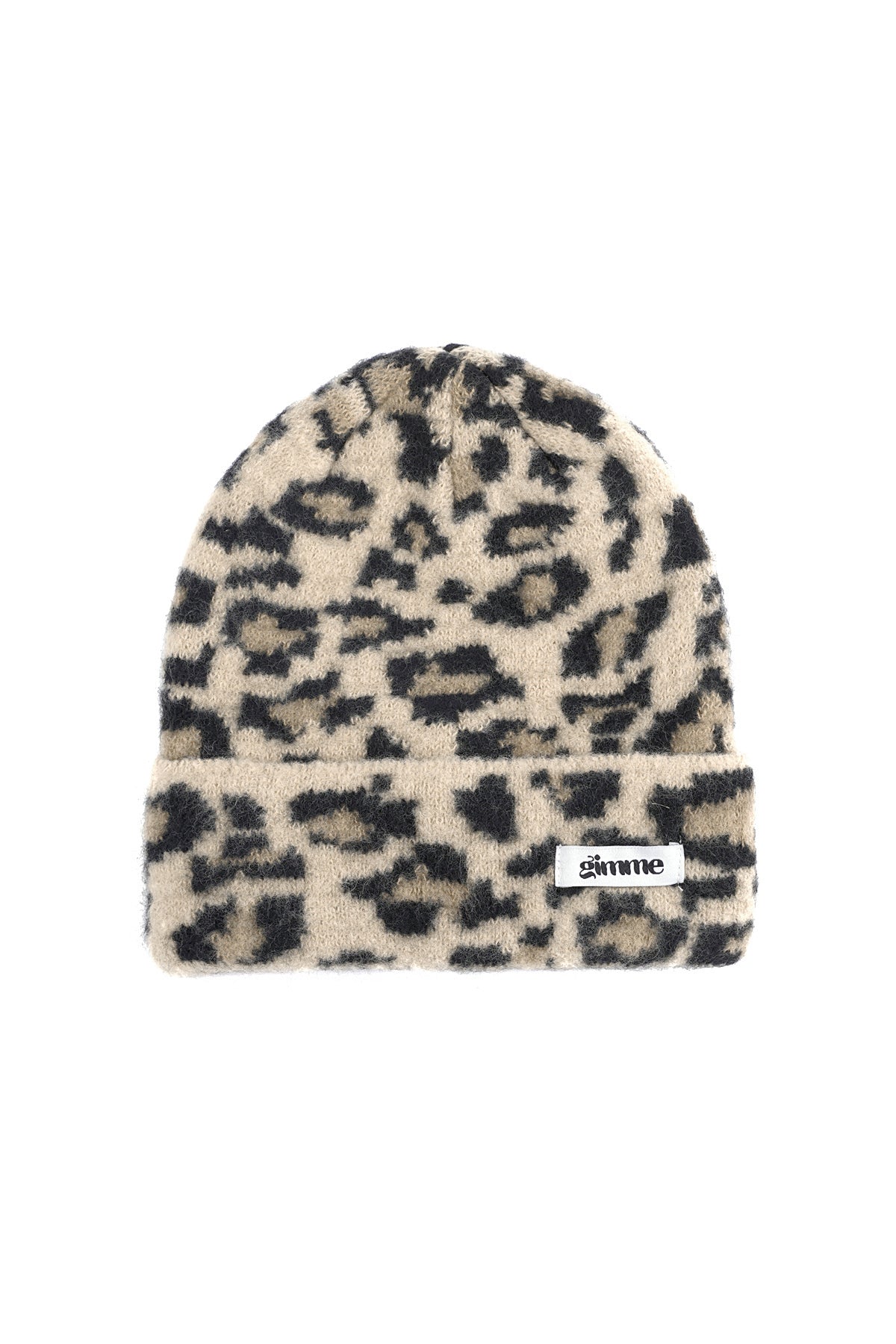 Beige panterprint damesmuts – zachte gebreide winter beanie met dierenprint