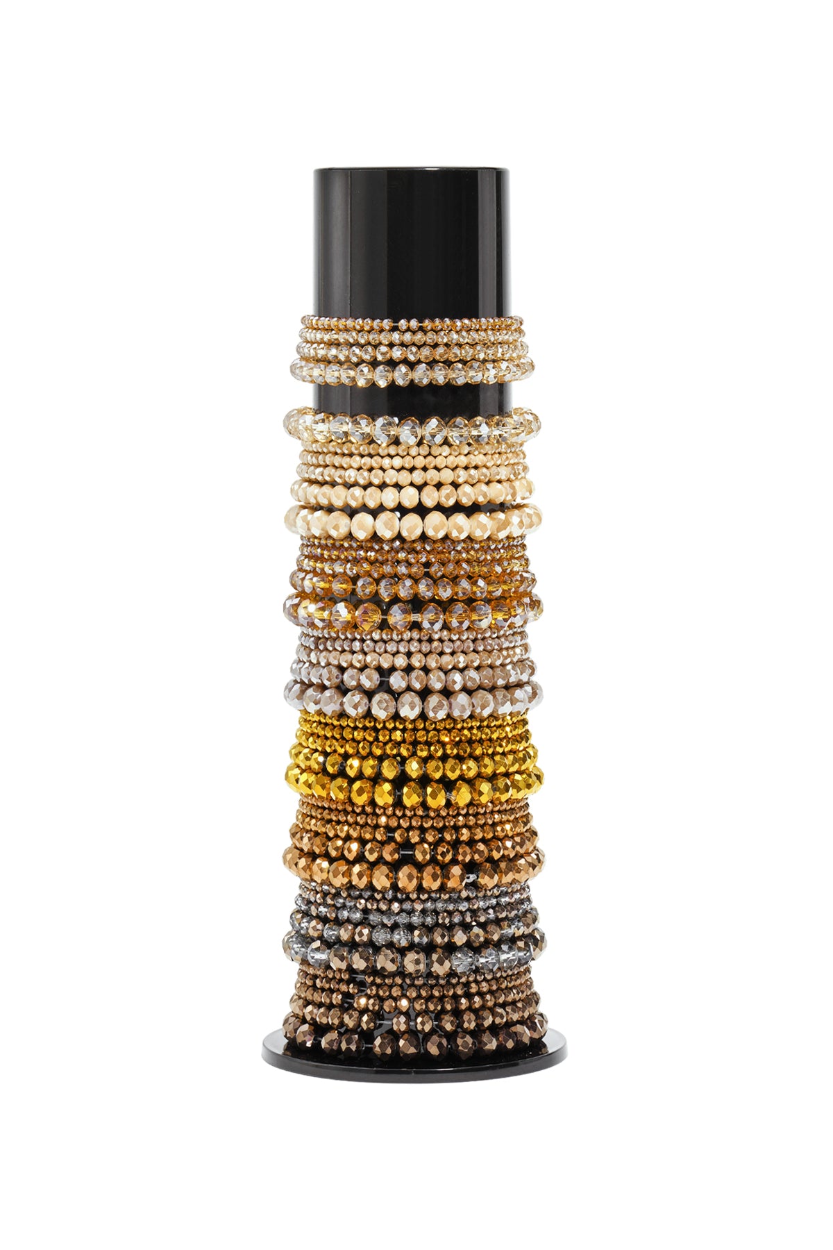 Meerdere kleuren glazen kralenarmbanden op zwarte standaard