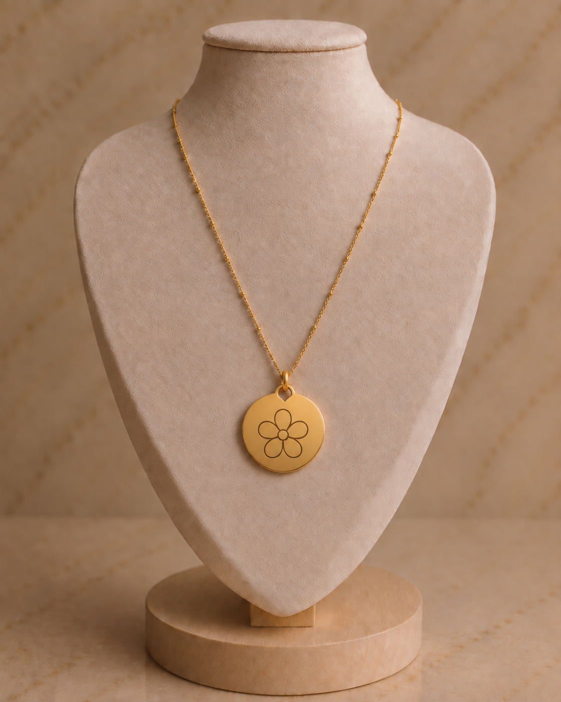 Goudkleurige RVS satellietketting met ronde bedel en bloemsymbool