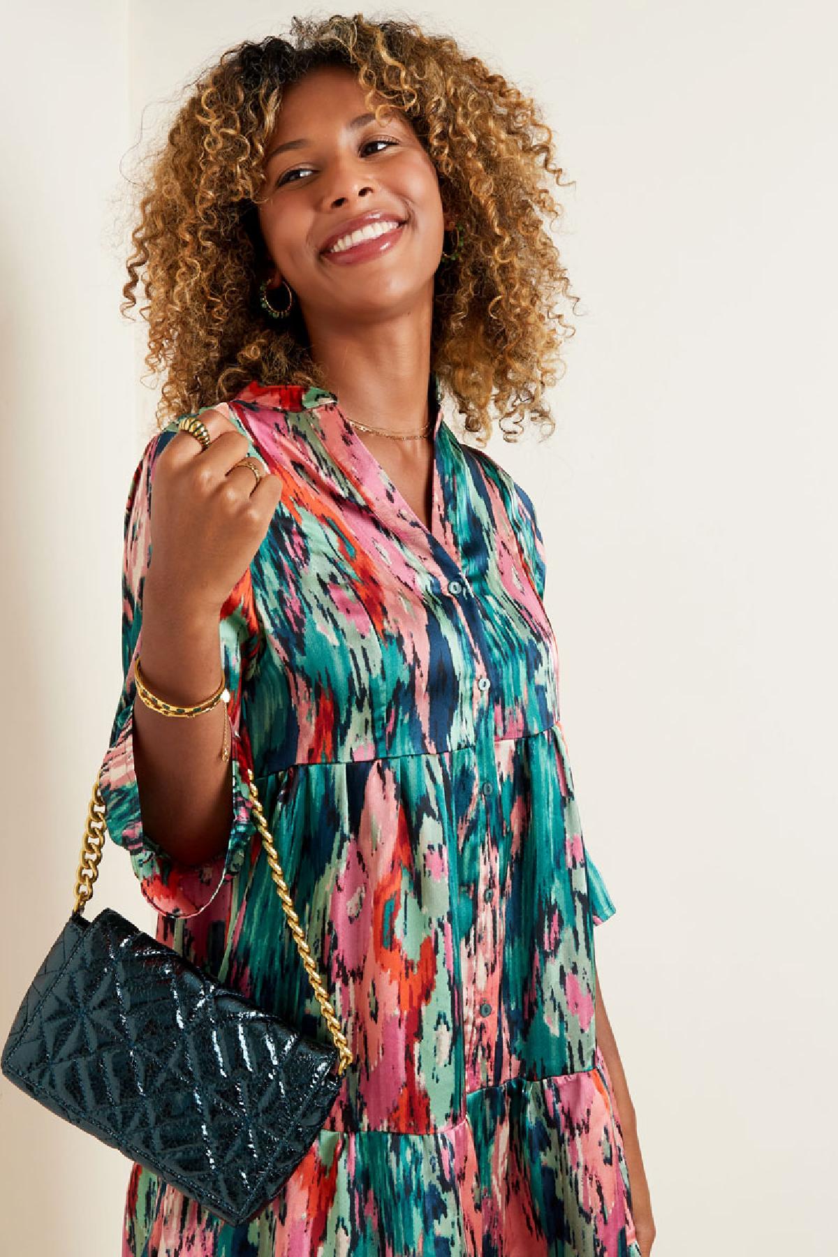 Metallic handbag with large Gold Color chain Purple PU