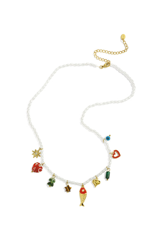 Middellange ketting met vis & hart hanger