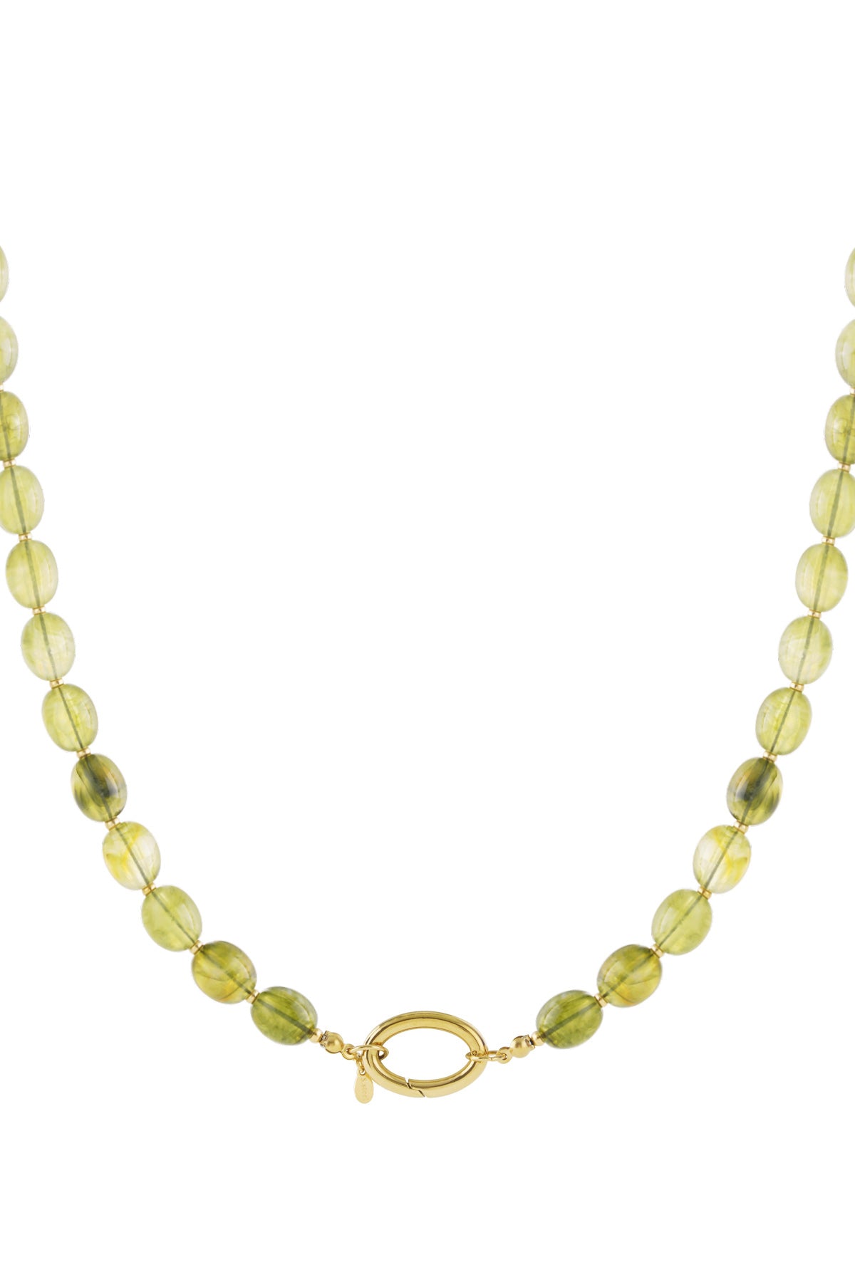 Army Groene acryl kralenketting met goudkleurige details op witte achtergrond