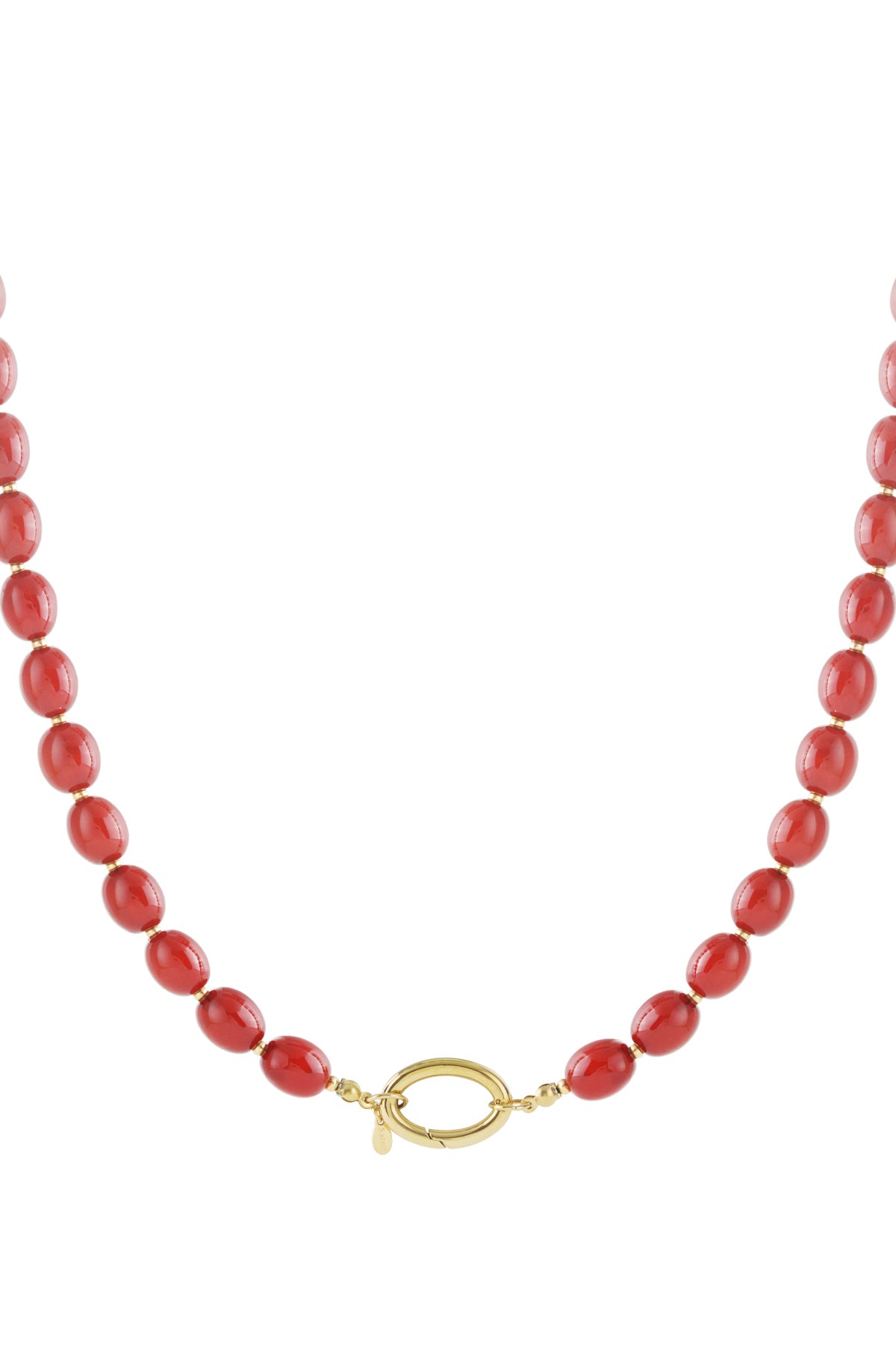 Rode acryl kralenketting in crimson tint met goudkleurige details op witte achtergrond