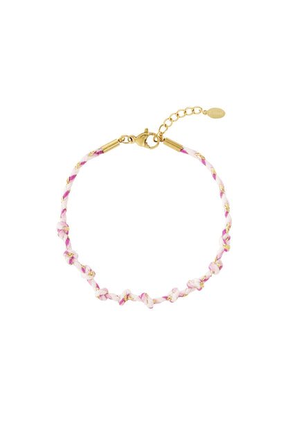 Roze koord armband met gekleurde schakels en bedels