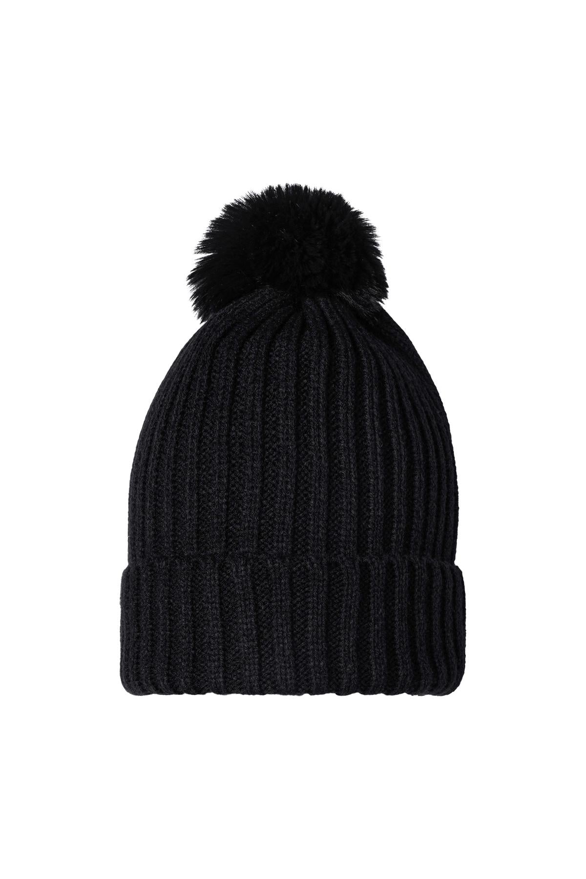 Beanie Furry Pompon muts Black – zwarte ribgebreide dames wintermuts met furry pompon