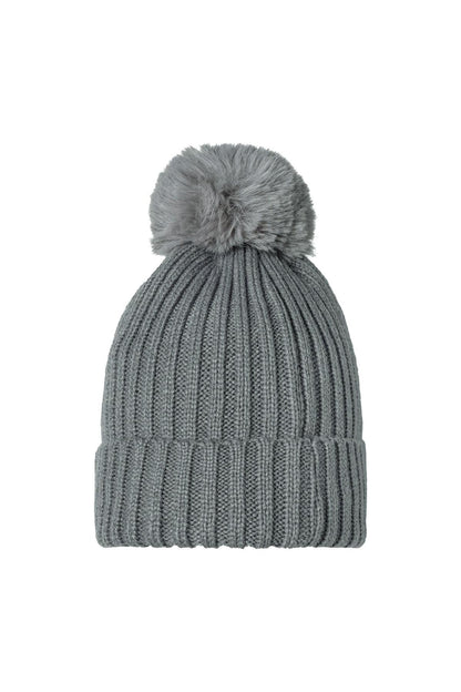 Beanie Furry Pompon muts Grey – grijze ribgebreide dames wintermuts met furry pompon