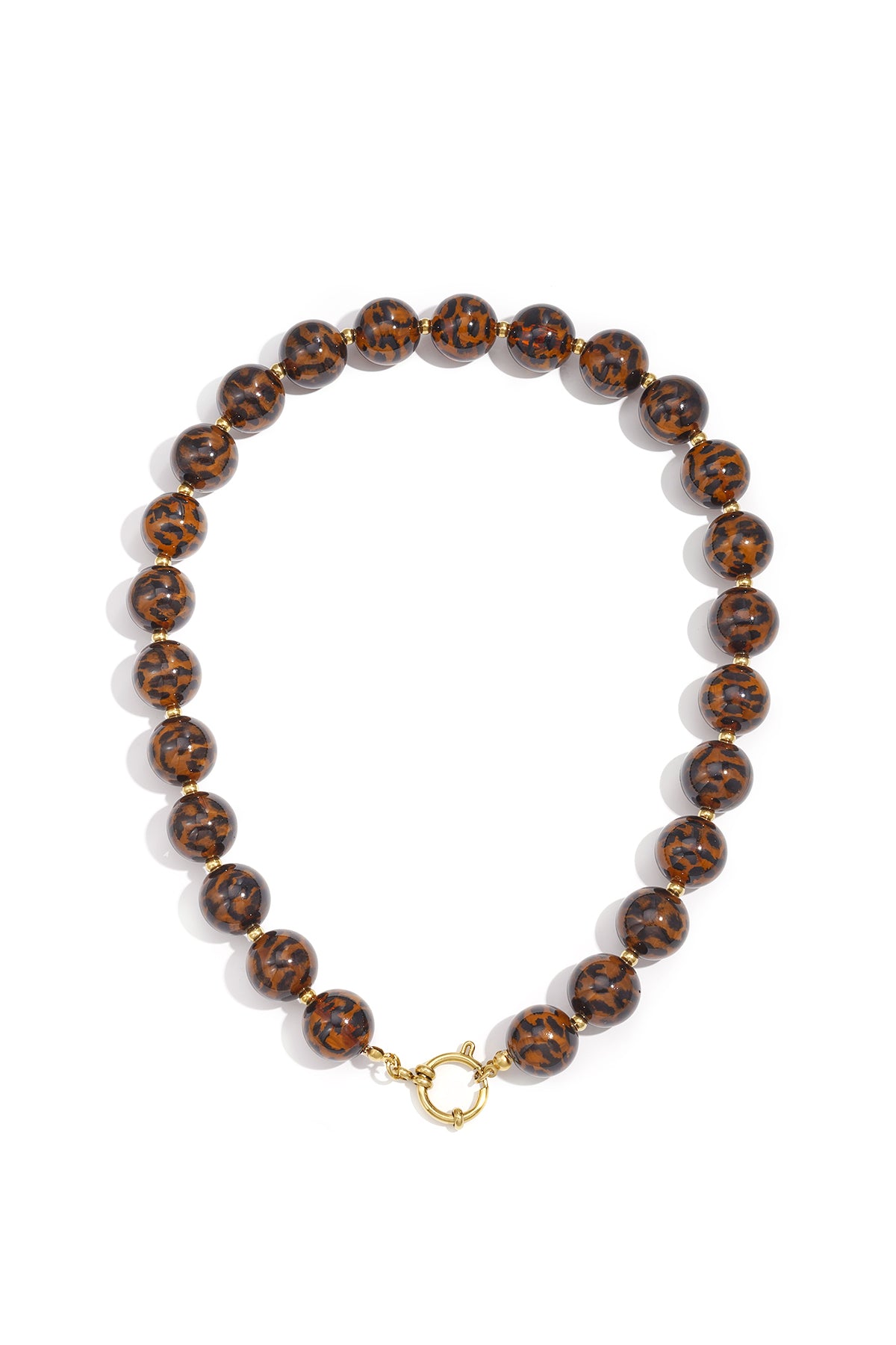 Ketting met grote kralen – retro panterprint, acryl kralen met panterprint en goudkleurige details