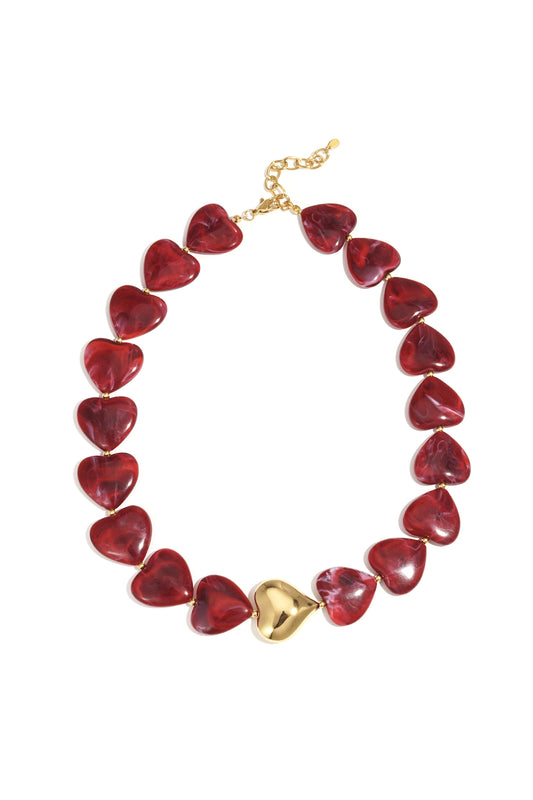 Ketting met hartkralen – retro stijl, acryl hartkralen met goudkleurige details