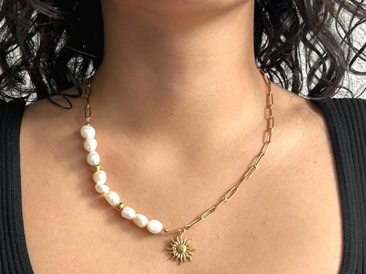Ketting Sunrise - Stainless Steel met Zon Hanger en Parels