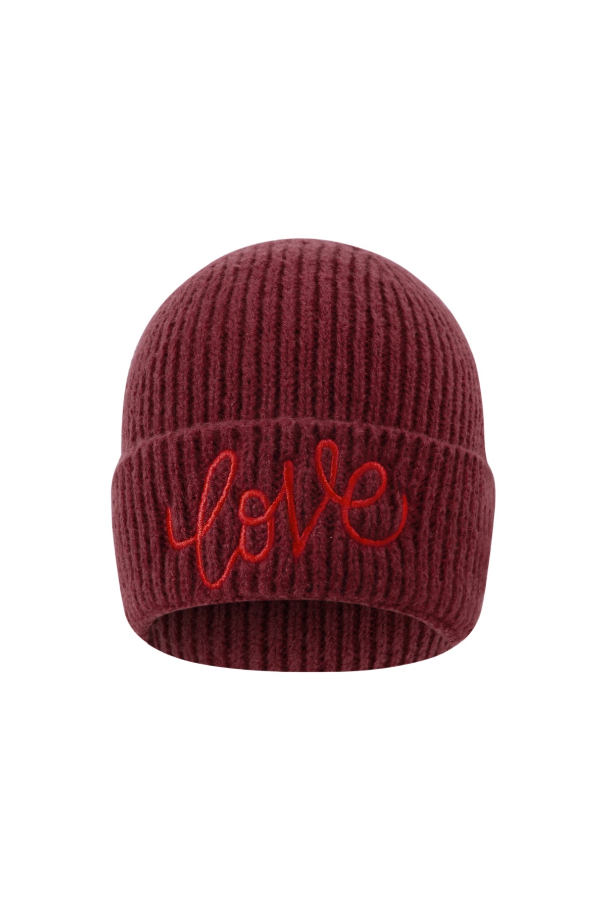 Diep rode Love It dames wintermuts met rood ‘Love’ borduursel aan de voorkant