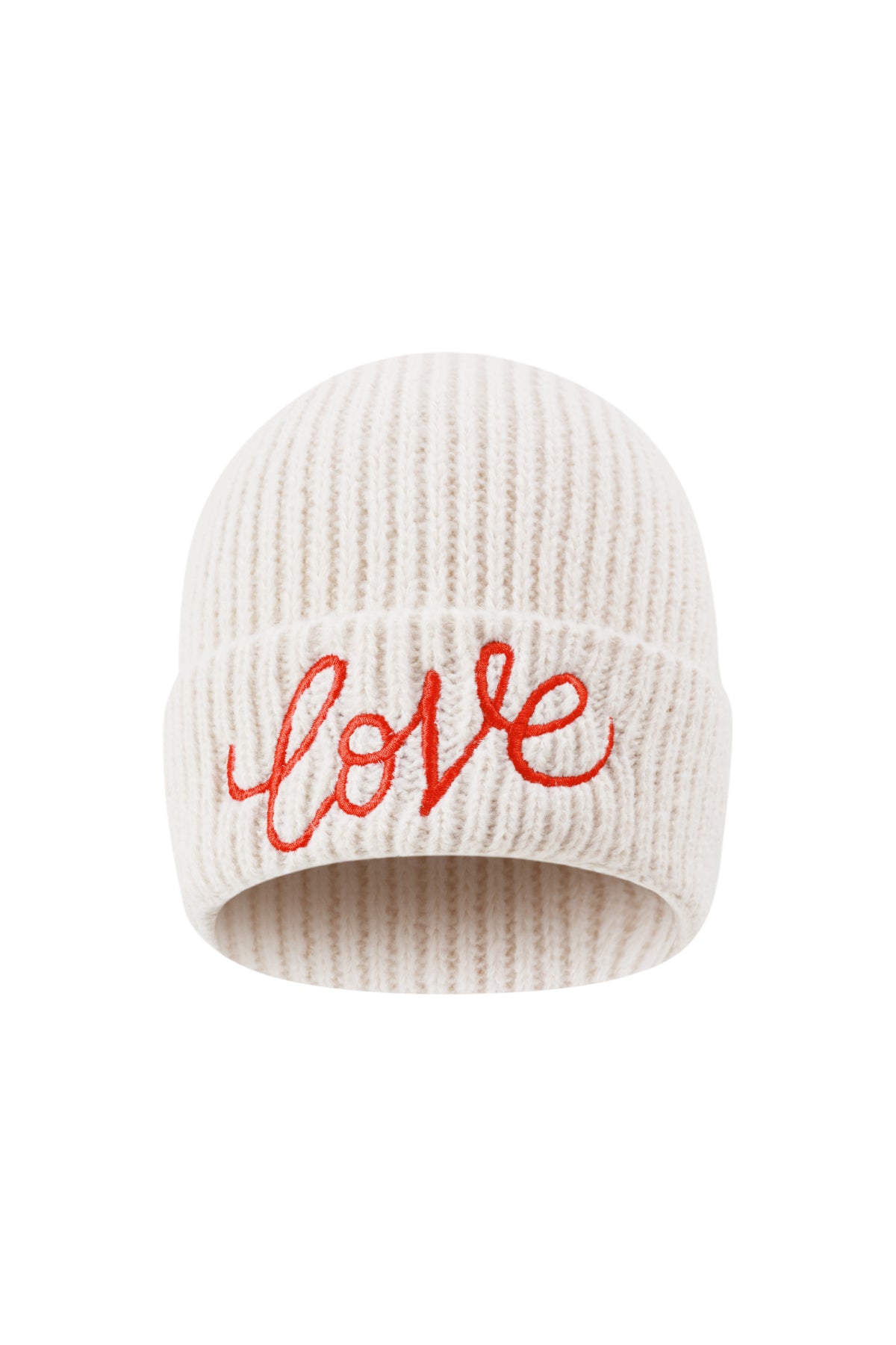 Off-white Love It dames wintermuts met rood ‘Love’ borduursel aan de voorkant