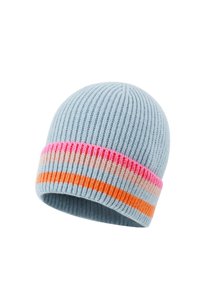 Baby blue dames wintermuts met gekleurde strepen – gebreide beanie