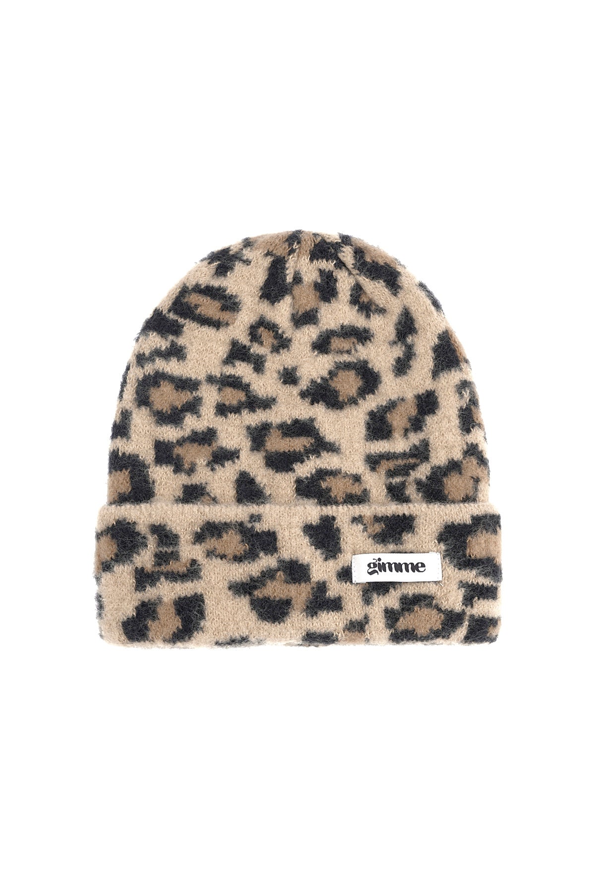 Camelkleurige dames wintermuts met panterprint – gebreide beanie met dierenprint