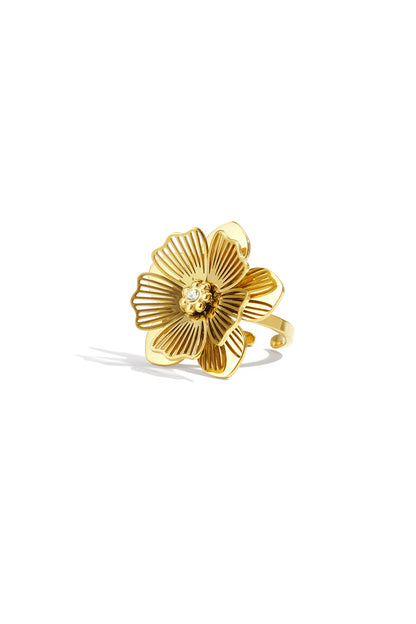 Goudkleurige rvs statement ring met bloemvorm en strass steentjes, productfoto
