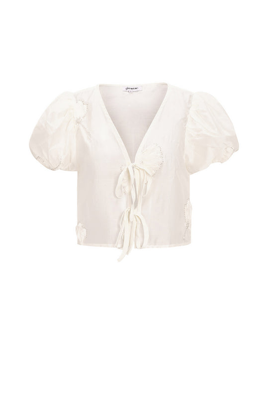 Organic Cotton Woven Women's Short Sleeve Top Bohemian Floral Print Bow