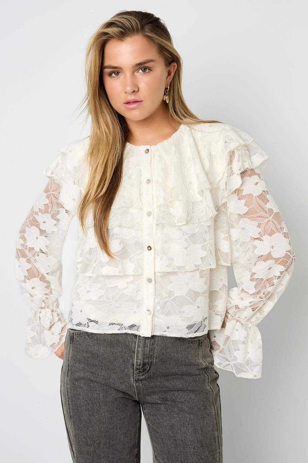 Woven Polyester Fiber Women's Blouse Elegant Floral Print Lace Panel