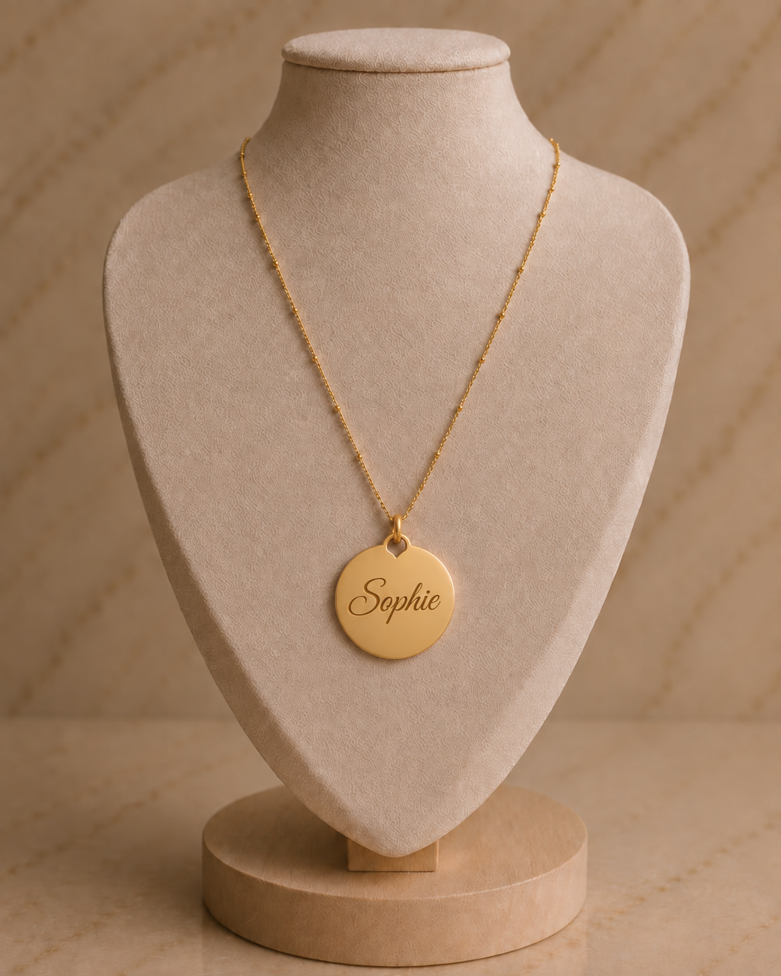 Goudkleurige RVS satellietketting met ronde naambedel