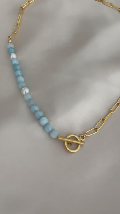 Ketting van Aquamarijn en Zoetwaterparels